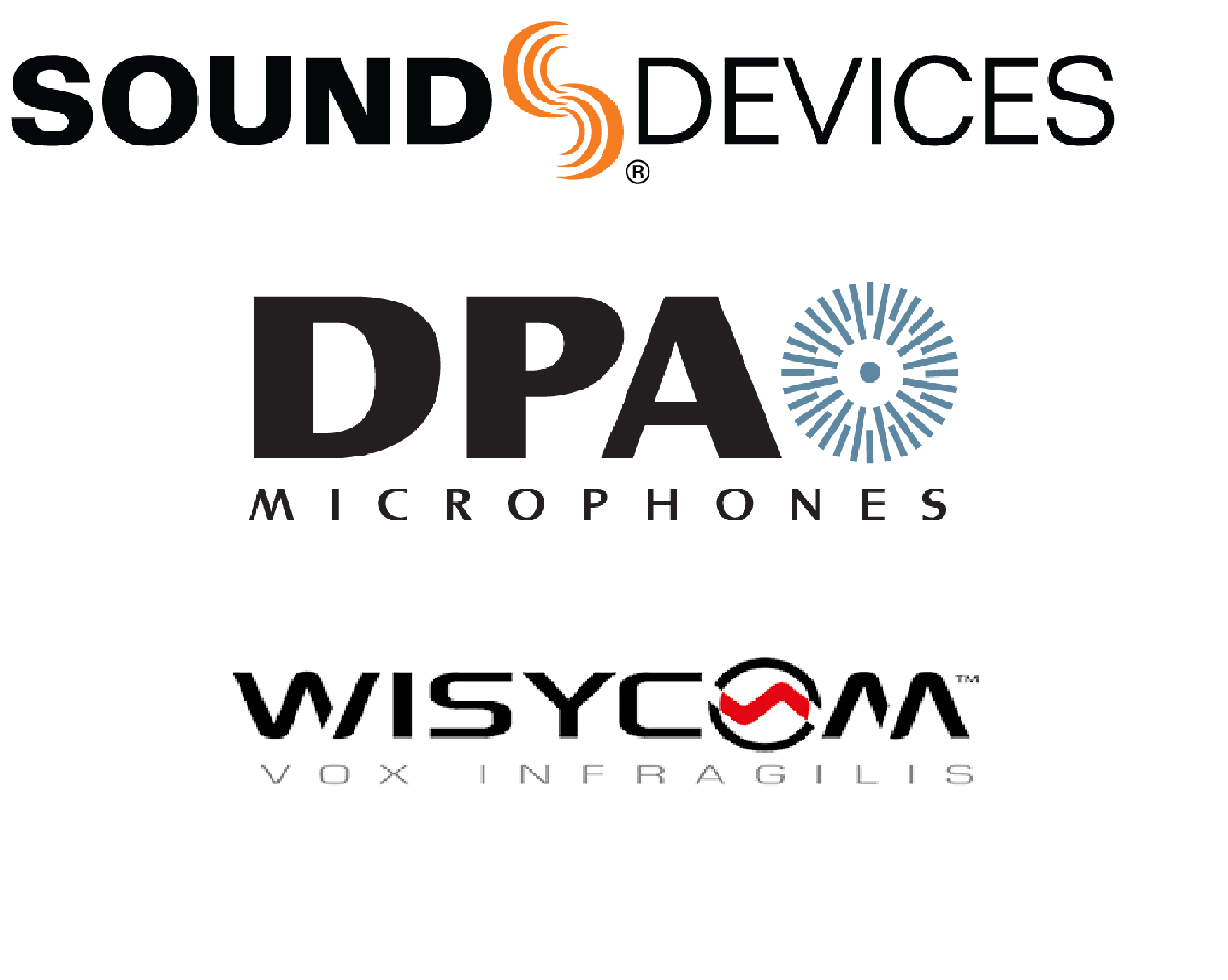 Logo SoundDevices, DPA Microphones et Wisycom vox Infragilis